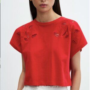 Red Embroidered detail cotton T-shirt (MANGO)
